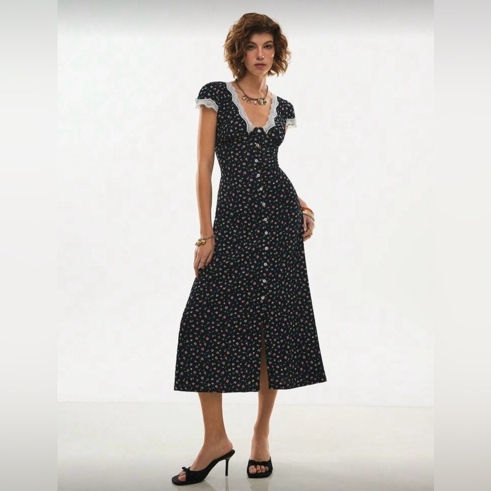 Floral Lace-Trim Cap Sleeve Button Down Vintage Style Dress - Picture 11 of 16